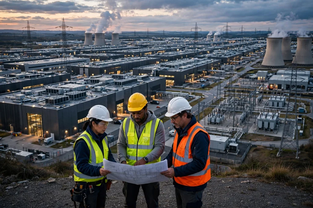 Paying for AI’s Data Centers Would Take 250 Million Jobs — the Maths Behind the Building Boom Vast AI data center campus at dusk with engineers reviewing construction plans