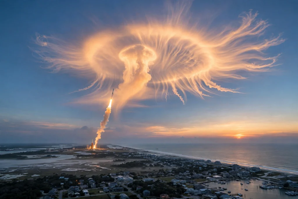 SpaceX Rocket Launch Creates Stunning ‘Jellyfish Cloud’ Visible Off US East Coast Rocket launch at dawn creating a glowing jellyfish-shaped cloud over the US East Coast