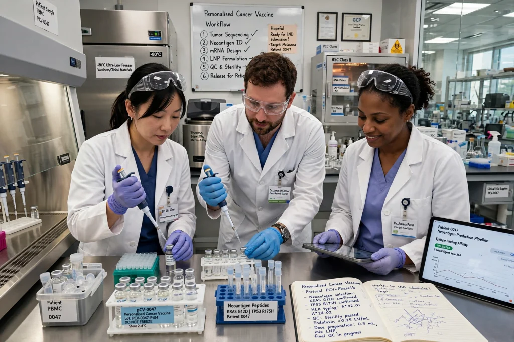 Doctors Test Bespoke Vaccine Against Ovarian Cancer Researchers preparing a personalised cancer vaccine in a laboratory